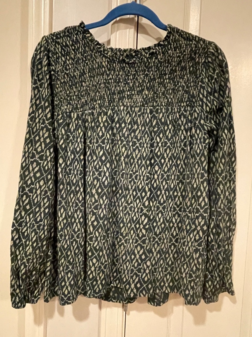Wonderly Olive and Cream Smocked Yoke Long Sleeve Blouse - Picture 6 of 11